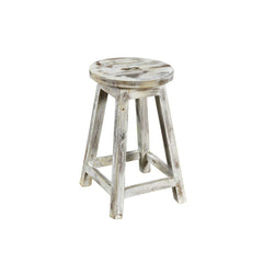 Wooden stool with a white distressed finish on a white background