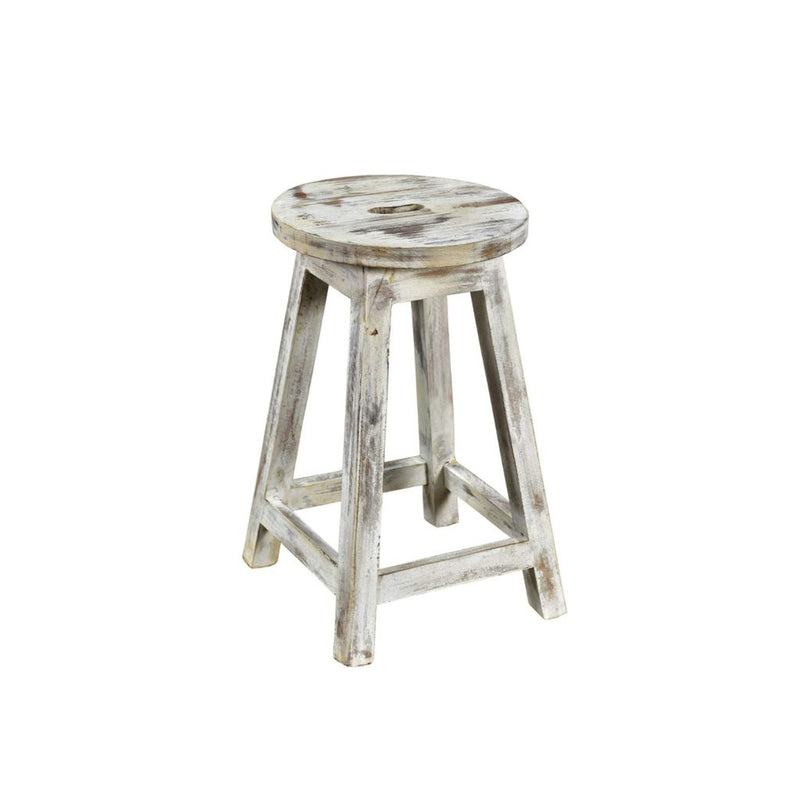 Wooden stool with a white distressed finish on a white background