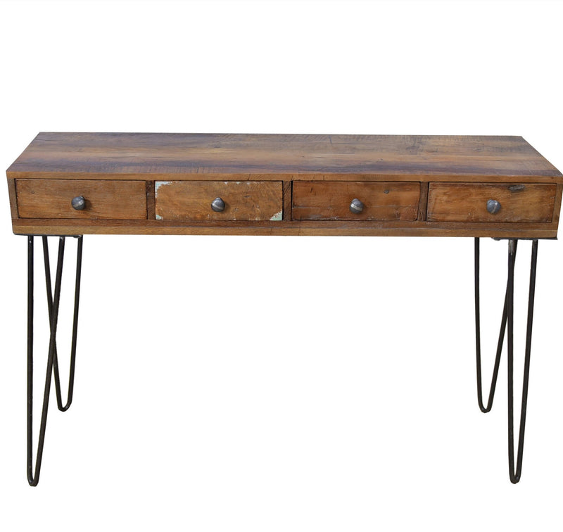 Solid Reclaimed Wood Hairpin Console Desk with Drawers