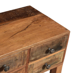 Mixed Reclaimed Wood Goa Console Side Table with 8 drawers Close Up Of Desktop and Drawer with Handle