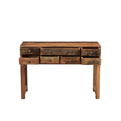 Mixed Reclaimed Wood Goa Console Side Table with 8 drawers Front View Of All Open Drawers