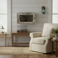 Angel Radio Box vintage box with glass door displayed on the wall with vinyl records inside in a living rom