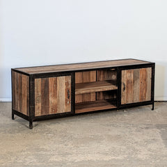 Side view of reclaimed wood and metal media unit 