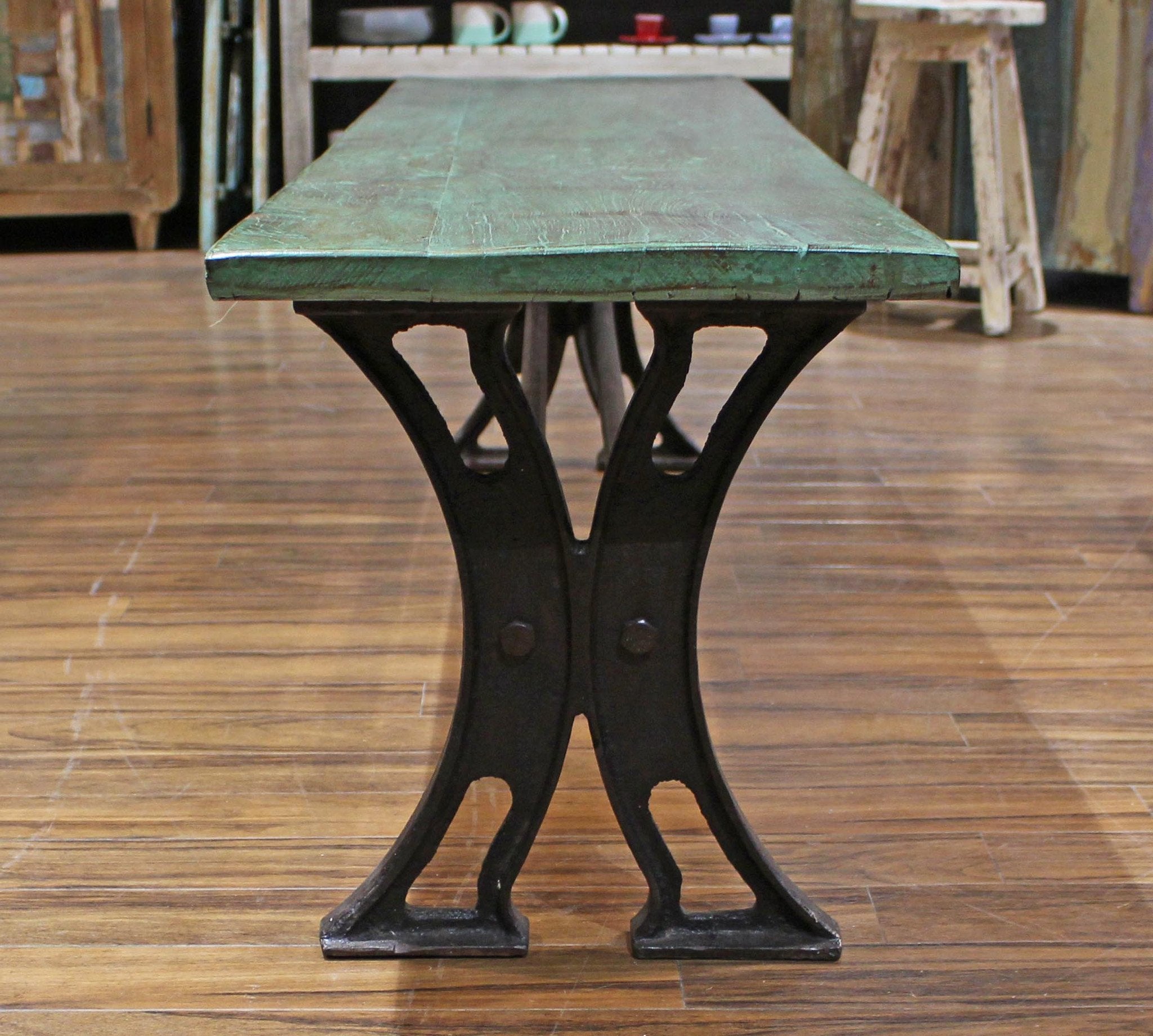 Bench Cast Iron & Reclaimed Teak close up of legs with Green patina