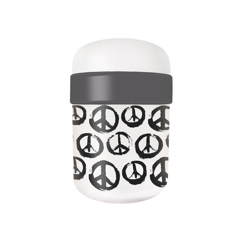 A PLA Lunchpot with black and white Peace symbols 