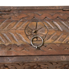 Carved Wood Brick Mould Box close up of carved little flower and of the metal ring pull handle