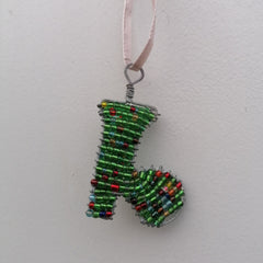 Christmas Hanging Decorations Boot with Green and Coloured Beads 