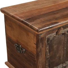 Shoe Storage trunk Close up of side handle and carved wood