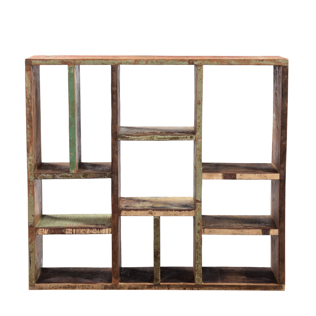 Deconstructed Wall Shelves Front view With Cream, Green and White Patina 