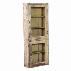 Double Wall Glass Cabinet Side view With 4 inner shelves and a mixed distressed patina