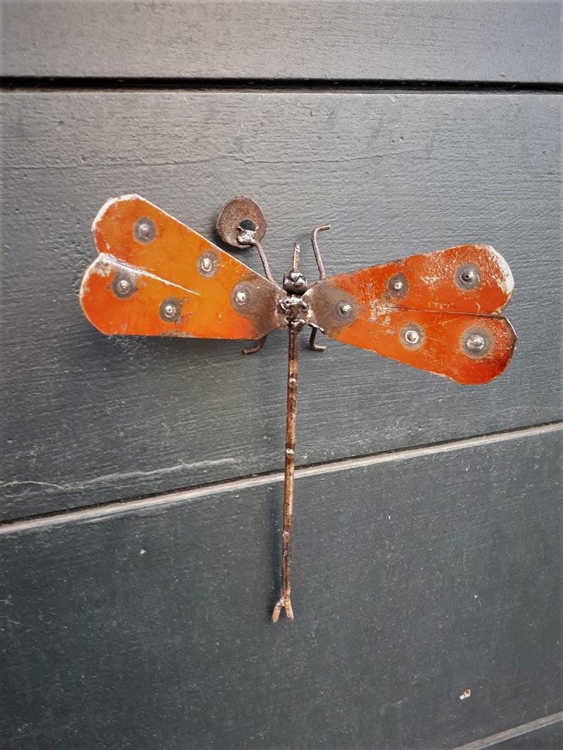 Orange Metal Dragonfly Front View hung on a Wall Outside