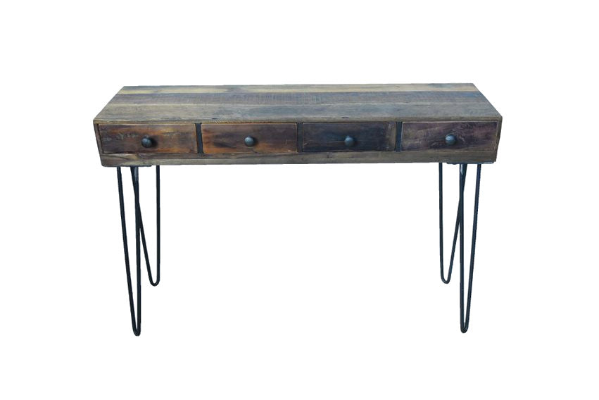 Solid Reclaimed Wood Hairpin Console Desk with Drawers - HomeStreetHome.ie
