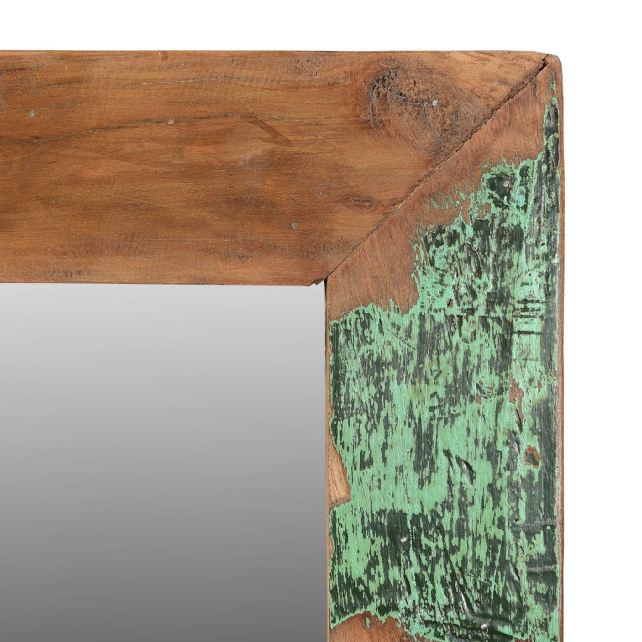 Hand Carved Architrave Mirror close up of green patina 