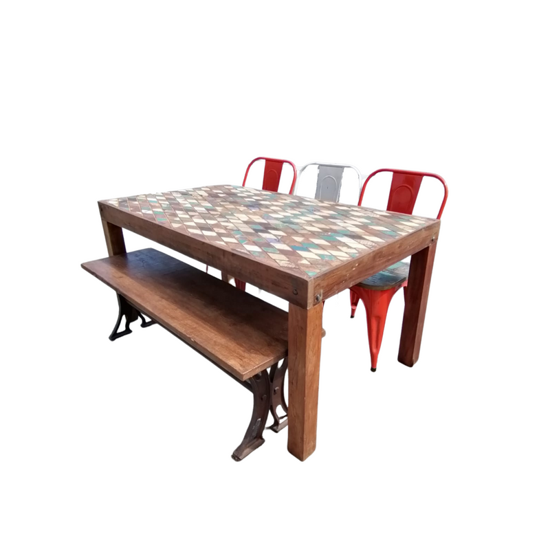 Harlequin Dining table made with mixed coloured reclaimed wood