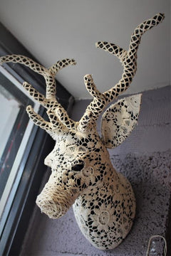Reindeer Head Paper Mache covered in Lace Side View 