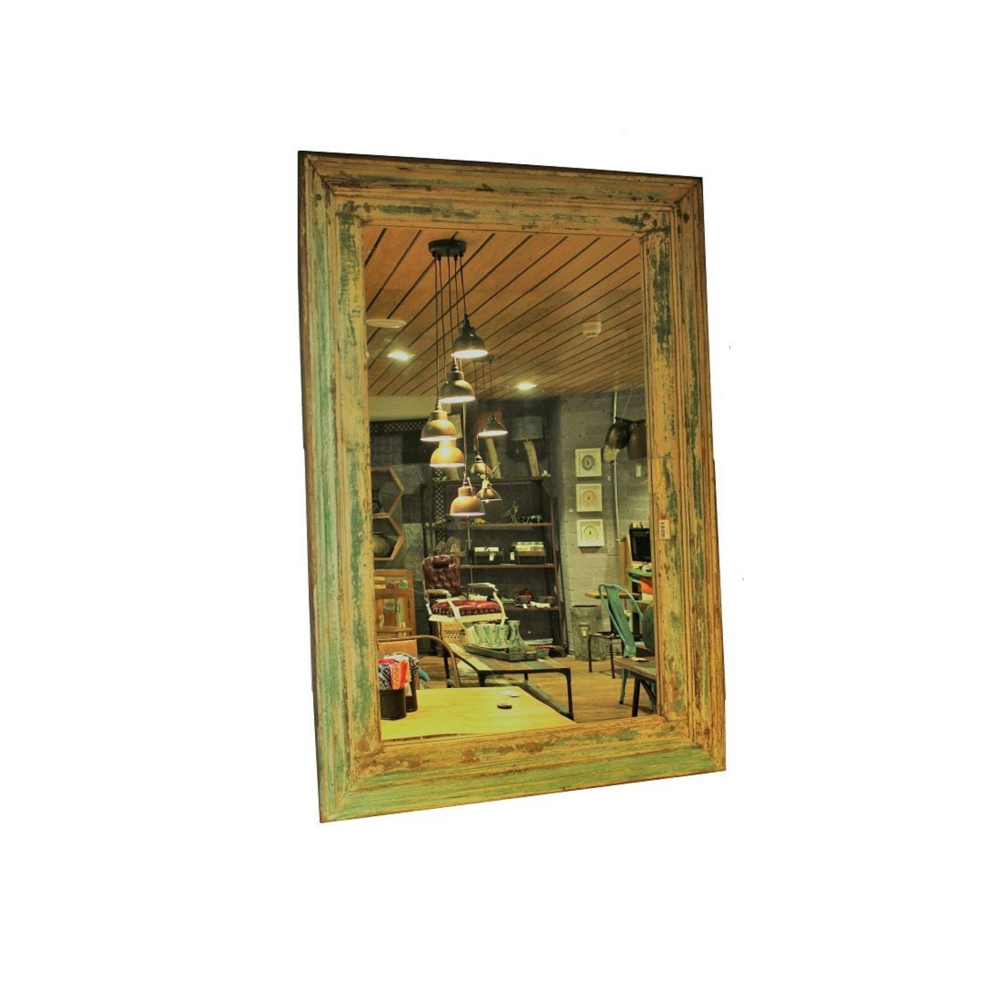 Large Rustic Louisiana Wall Mirror distress yellow  patina side view of product on white background