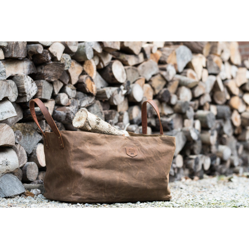Log Bag Firewood Waxed Canvas Outside being used
