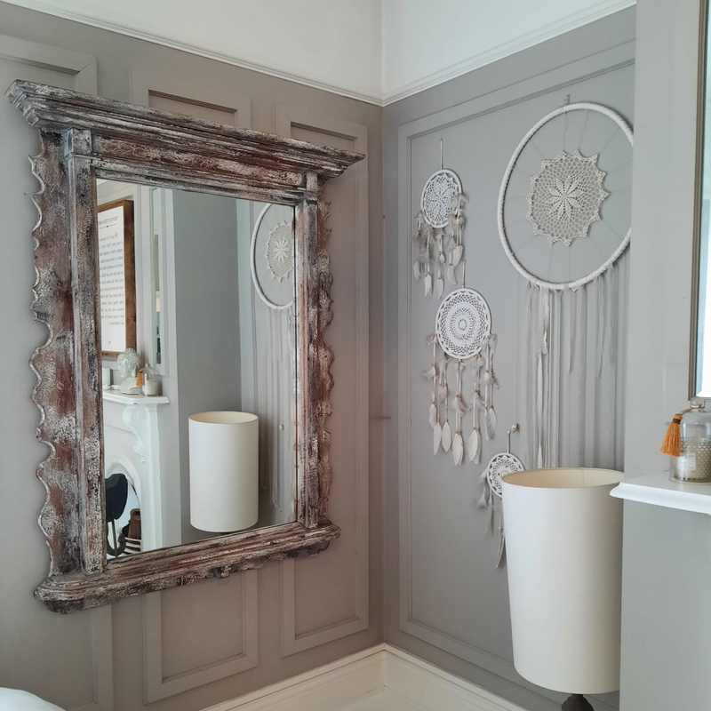 Mahal Large Mirror With Natural White Rustic Patina in a Bedroom Interior