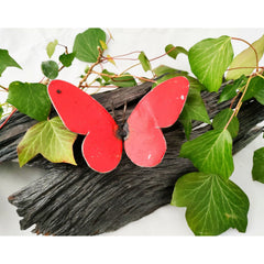 Medium Recycled Metal Art Butterfly red coloured one on log