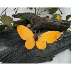 Medium Recycled Metal Art Butterfly yellow coloured one on log 