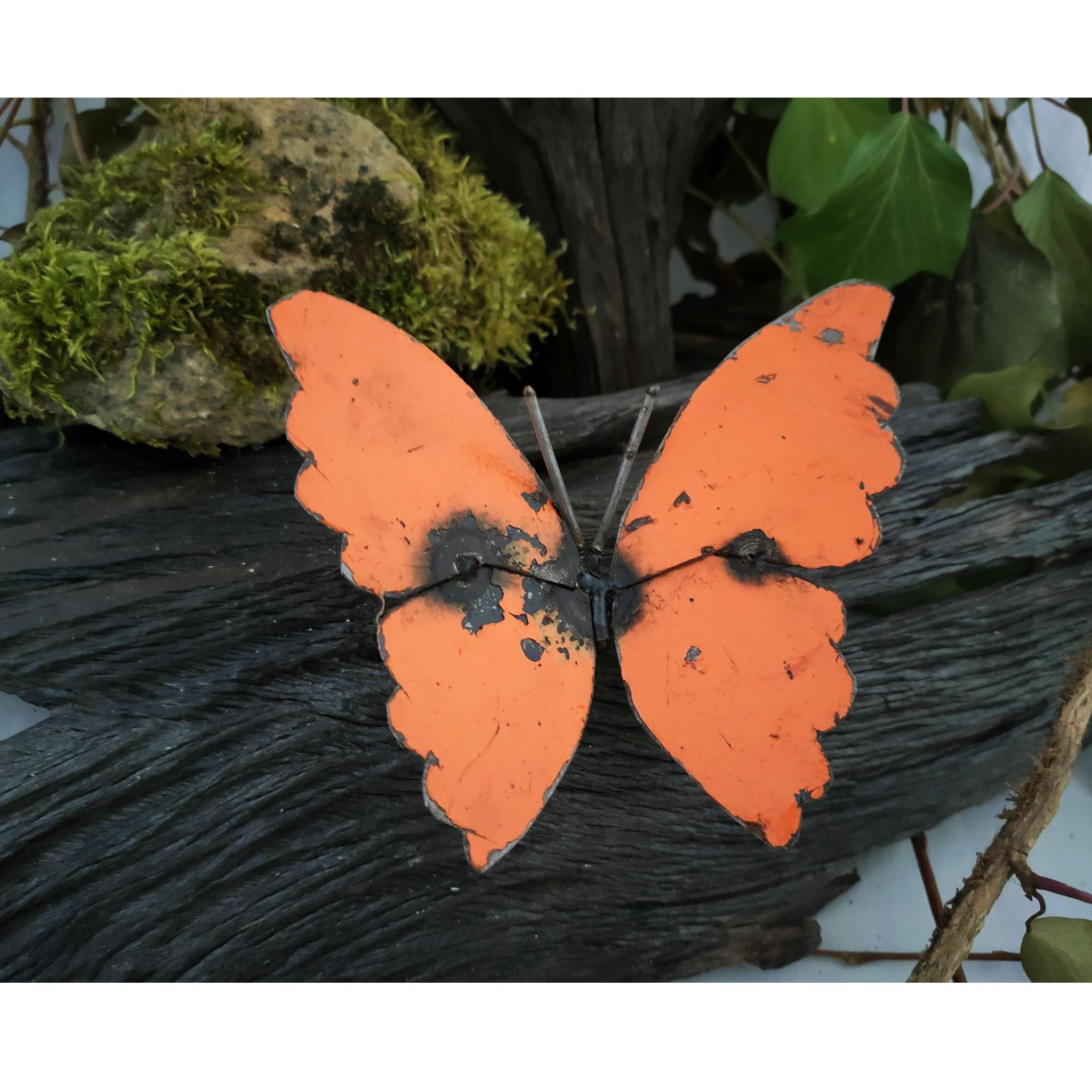 Small Recycled Metal Butterfly orange front view 