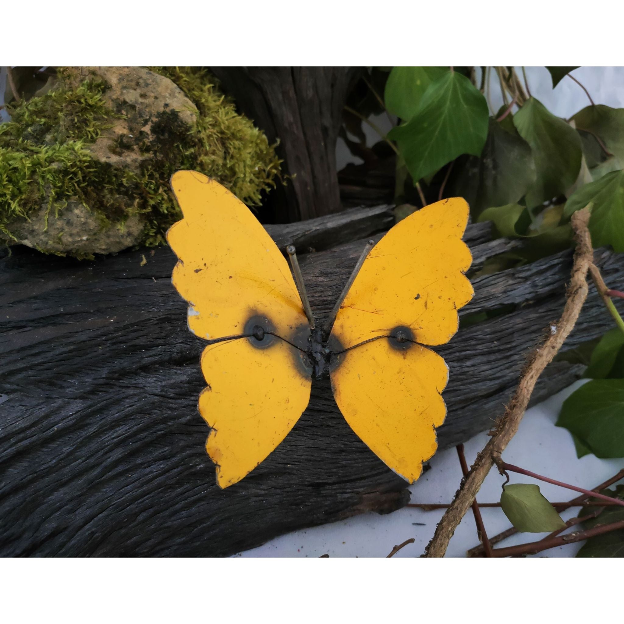 Small Recycled Metal Butterfly yellow colour front view 