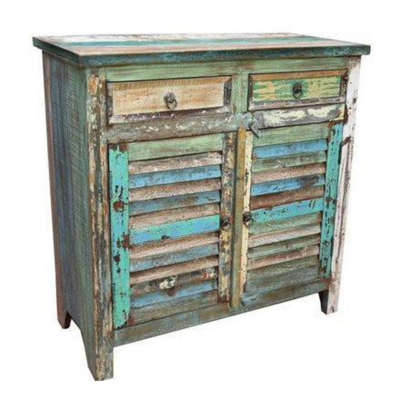 Colourful reclaimed wooden dresser side view