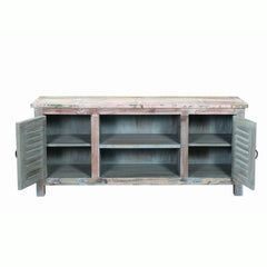 media unit console made of reclaimed wood with 2 doors and 2  open shelves in the middle 