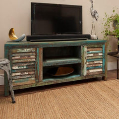 Reclaimed coloured wood Media Unit with 2 shelves in the middle and 2 doors on each side in a living room 