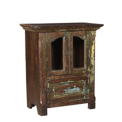 Pond Glass Cabinet Side view of distressed patina with two glass doors and bottom door 