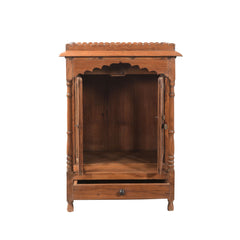 Natural solid-teak wood box with two open doors and a open bottom drawer for extra storage