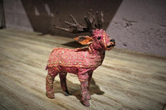 Reindeer Paper Mache Side view With red texture patterned bodies at HomeStreetHome Shop