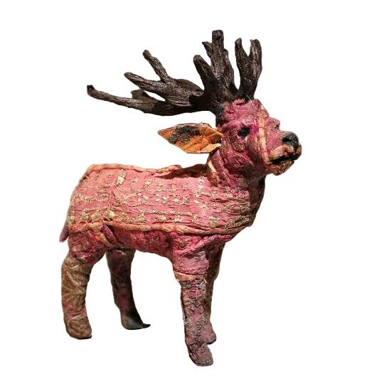 Reindeer Paper Mache Side view With red texture patterned bodies at HomeStreetHome Shop