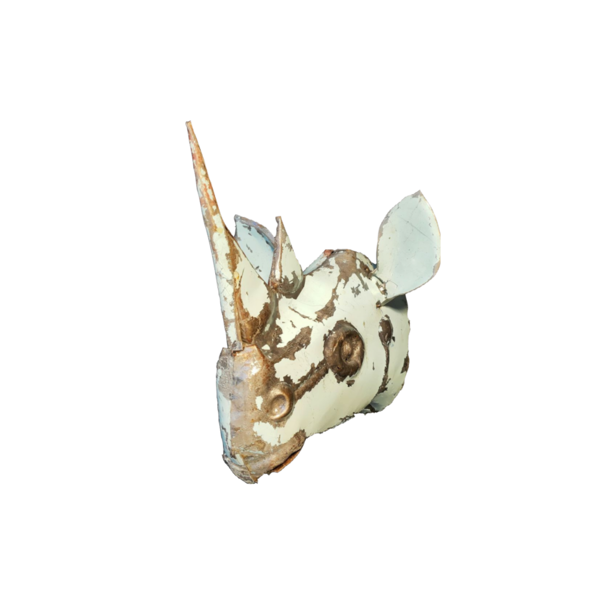 Rhino Recycled Metal Mask Head on white background 