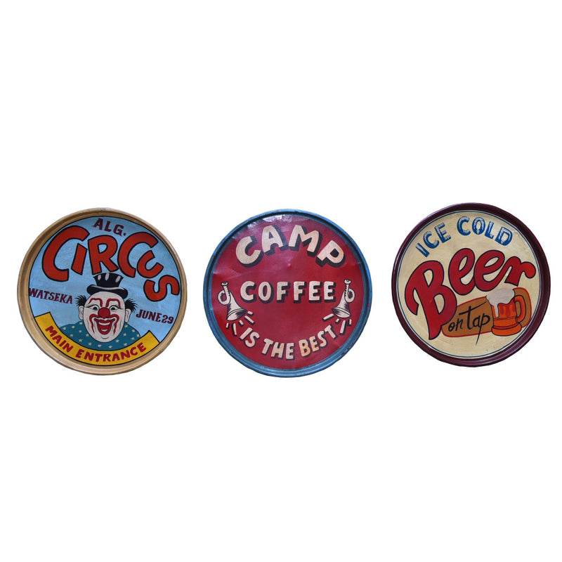 Round tray handpainted with vintage advertising. One in Circus advert with a clown in blue background, one with Camp coffee in red background, one with Beer on Tap with red letters.