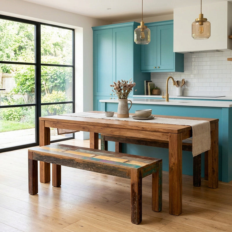reclaimed wood dining bench with a wood dining table in a turquoise kitchen