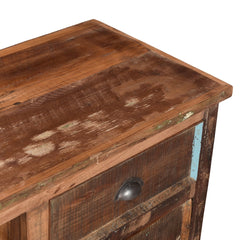 media unit consolde made of reclaimed wood with 4 drawers and 2 open shelves close up view