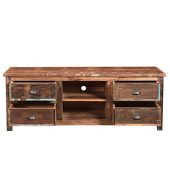 media unit consolde made of reclaimed wood with 4 drawers and 2 open shelves .Drawers open view view