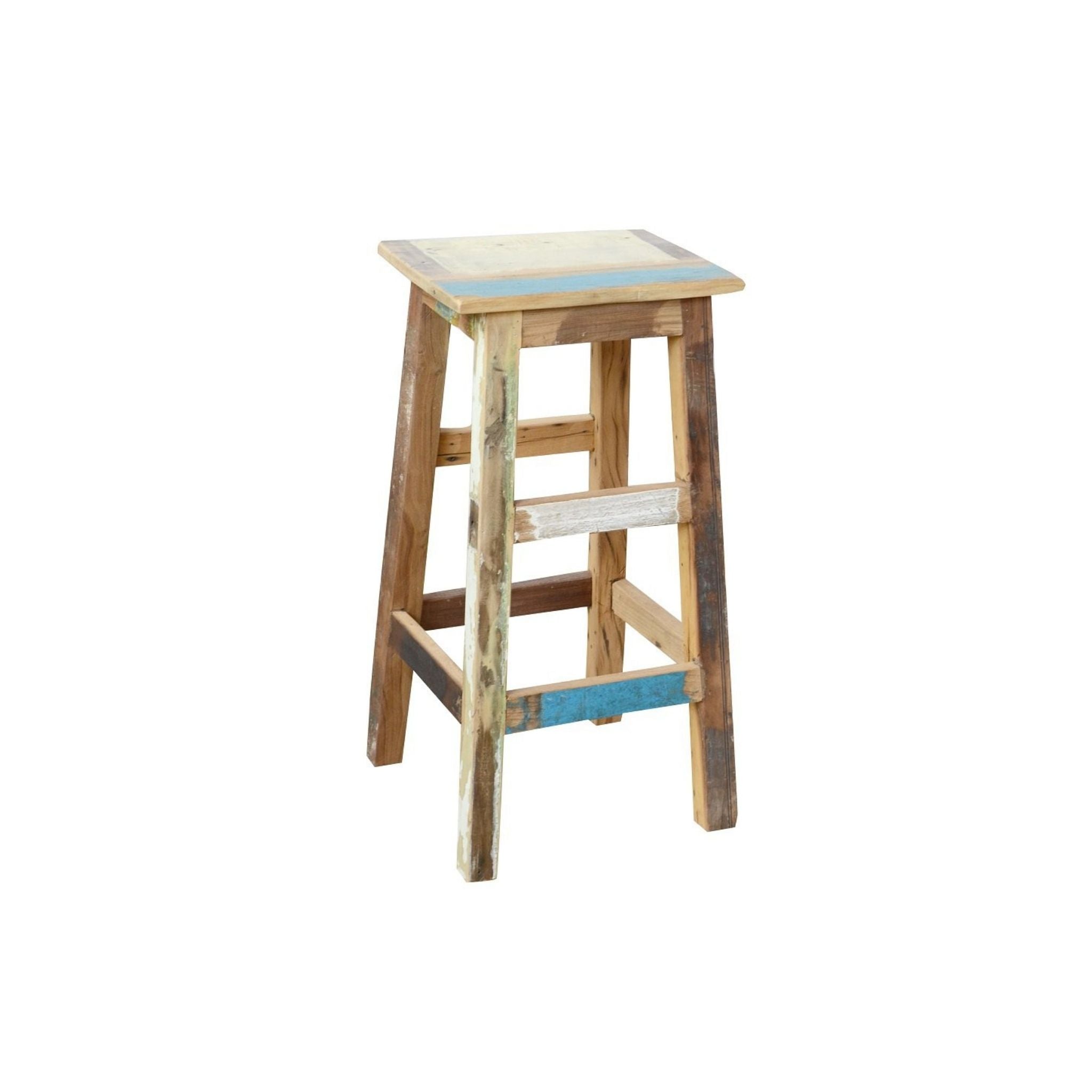 Scrap Counter Stool Side View With Blue and White Patina