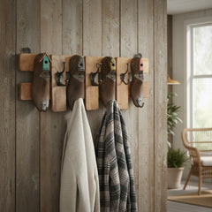 coat rack with reclaimed shoe last on a wooden wall