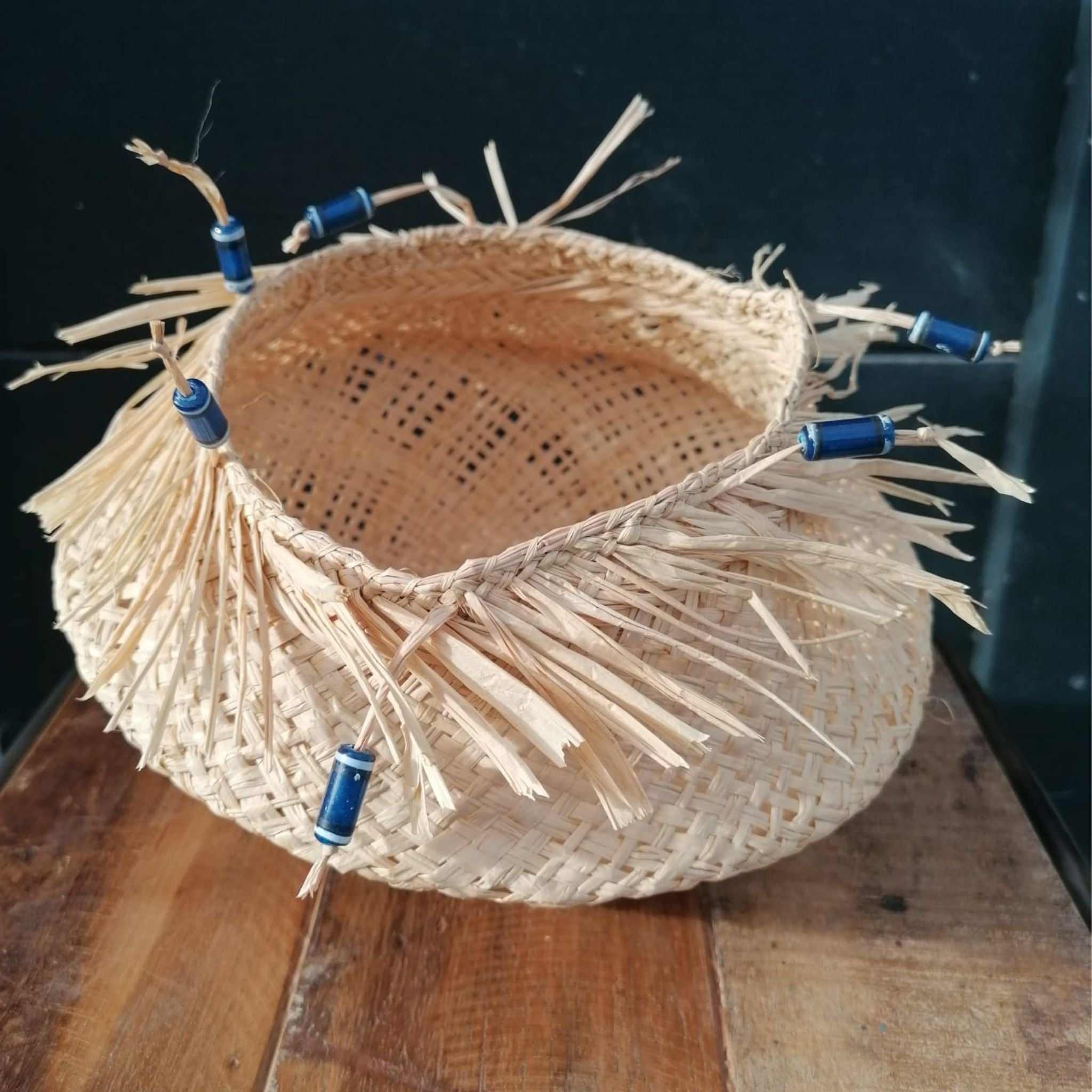 Handmade With Blue Beaded & Natural Raffia Storage Basket 