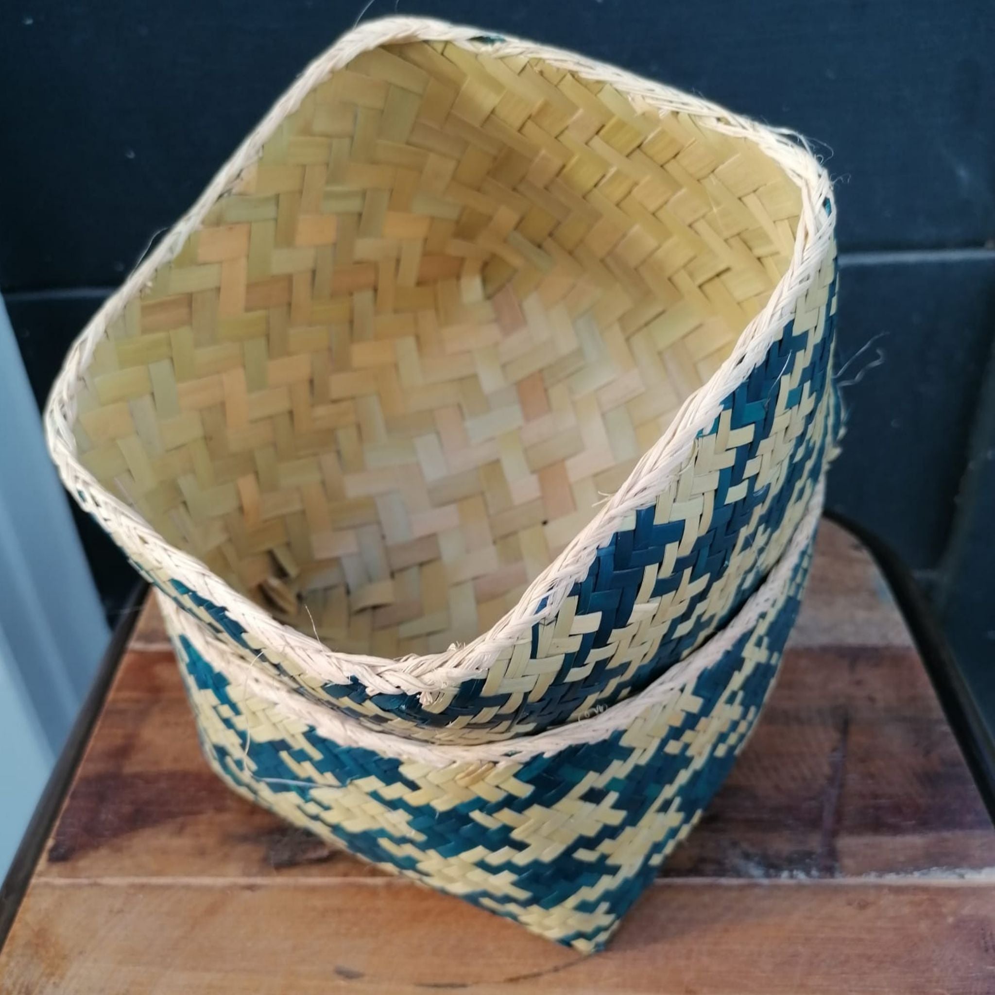 Raffia Box With Open View of Inside Dyed Blue with Natural Raffia on Outside