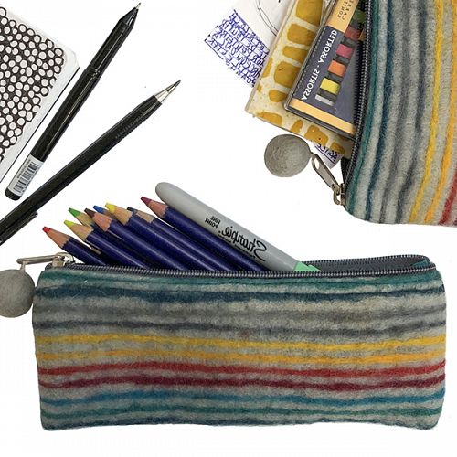 Multiple colour Pencil Case Handmade From Woven Felt with Pencil and Pens coming out of unzipped Case