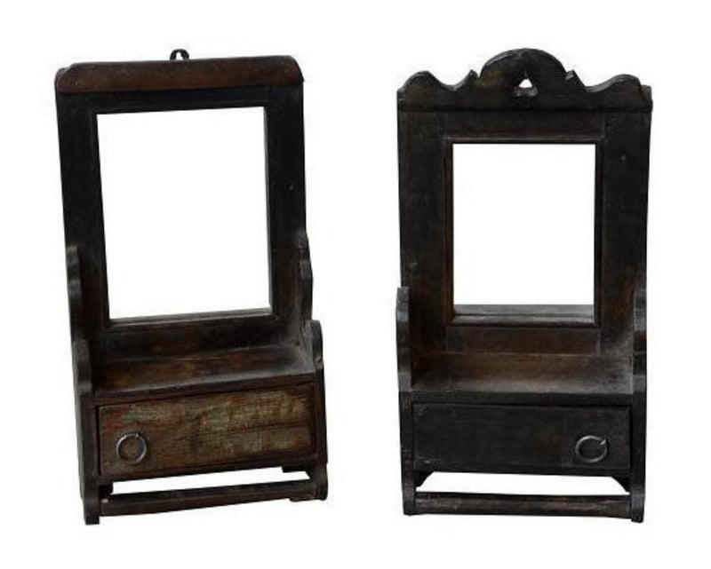two temple mirrors made from natural wood with small storage shelf with door