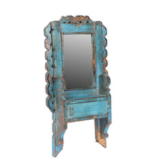 temple mirror with original light blue distressed patina side view with small storage shelf with door