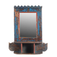 Temple mirror with original paint distressed blue and a red painted frame around the edge 