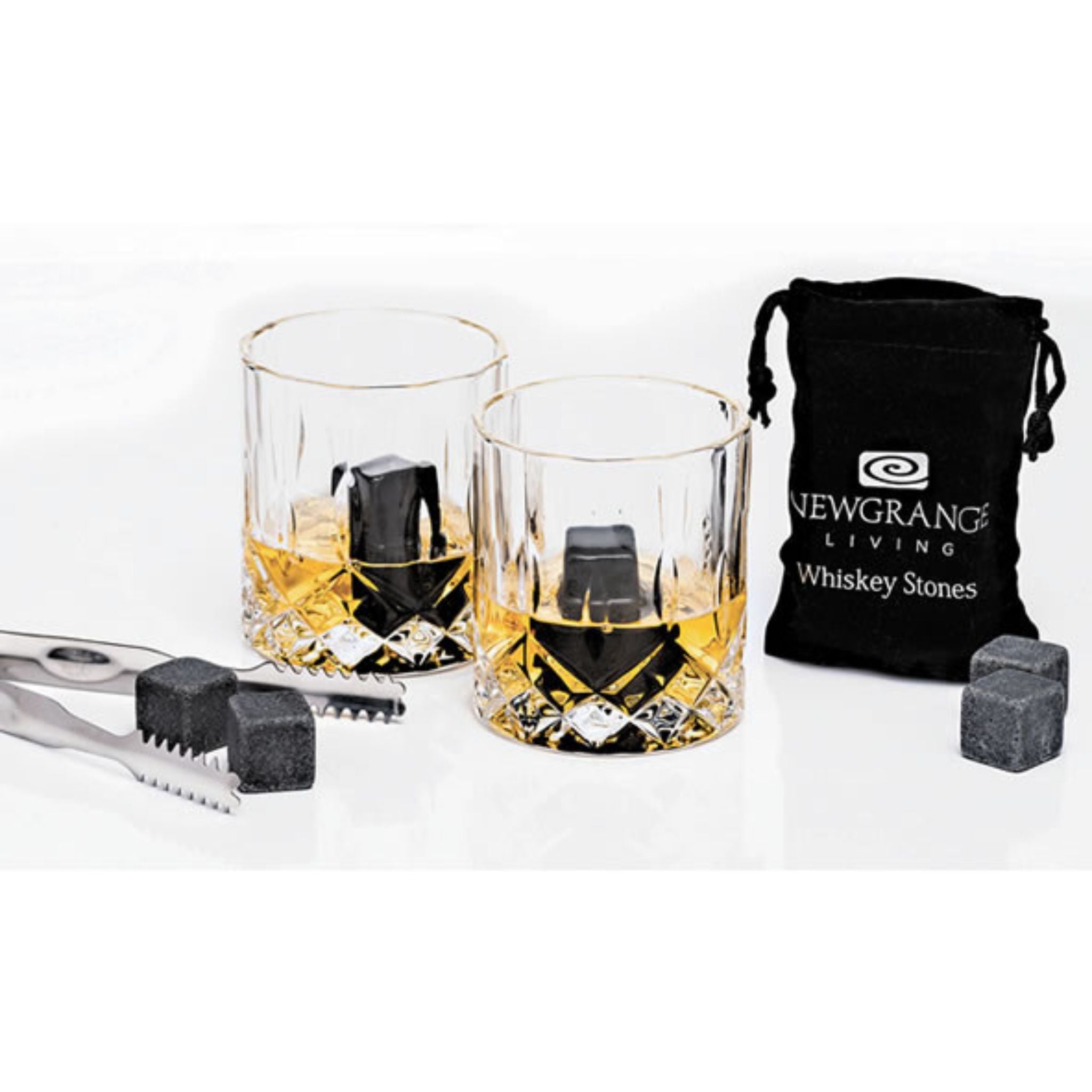Two Whiskey Glasses with Stones & Tongs