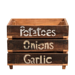 Vegetable Crate Stacked With Potatoes, Onions and Garlic