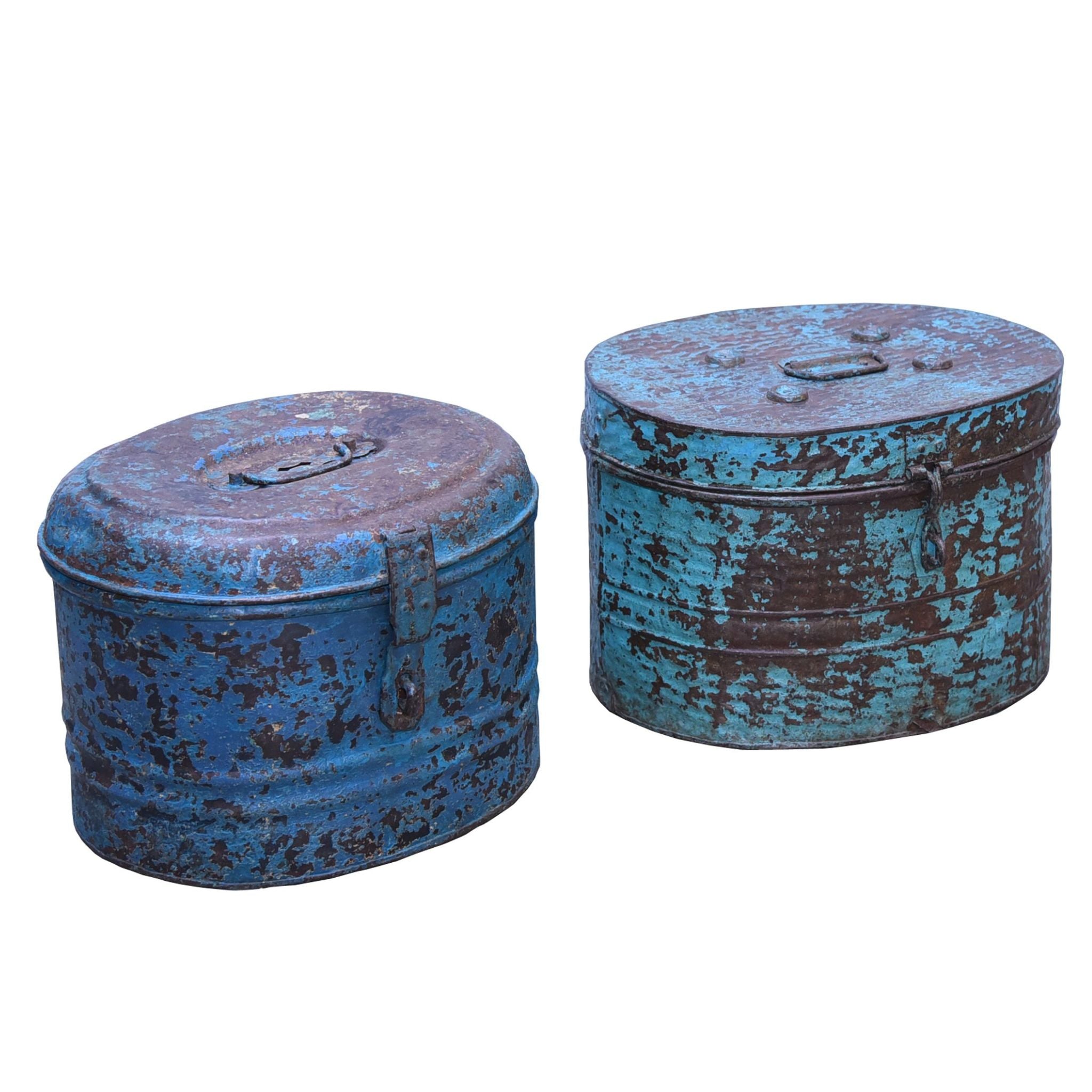 Two Blue Vintage metal Box with lid & original patina