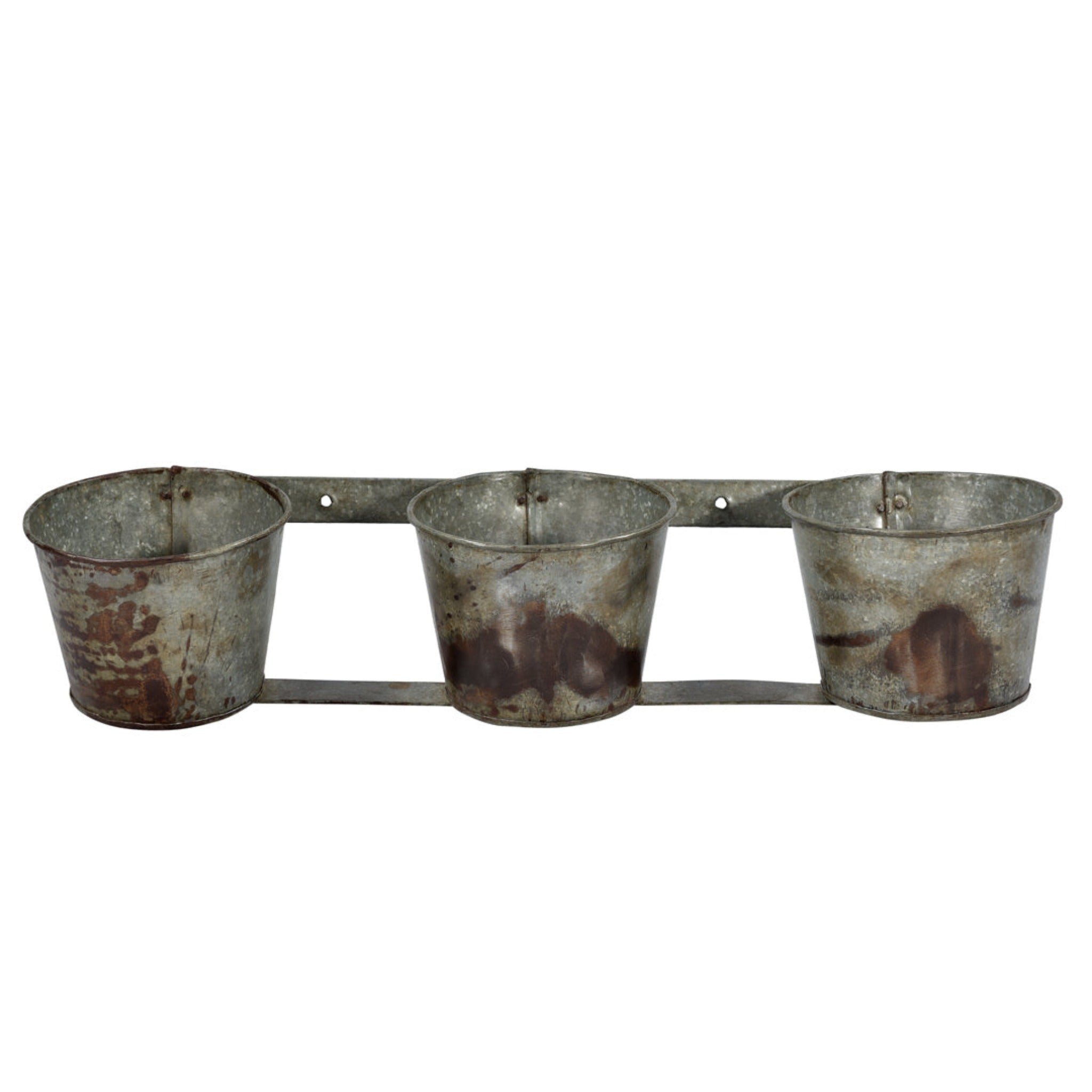 Wall Hanging 3 Zinc Pot Planters front view of distressed metal
